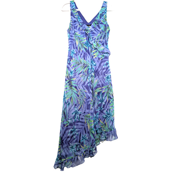 Y2K 90s Fairy Chiffon Ruffle Tropical Asymmetrical Hem Purple Midi Slip Dress M - Picture 1 of 9